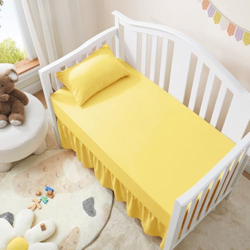 Image of Horbaunal 2 Pack Set Crib Skirt & Crib Bed Sheet, Yellow | Crib Bed Skirt 28 inch x 52 inch, 14 inch Drop Dust Ruffle, Microfiber Toddler Bedskirt, for Baby Girls and Boys