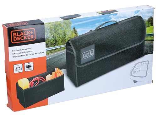 BLACK+DECKER Kofferraum Organizer - Auto Organizer 55 x 15 x 23 cm - Auto Zubehör Innenraum mit 1 Großem Fach und 2 Einstecktaschen - Mit Klettverschluss - Schwarz
