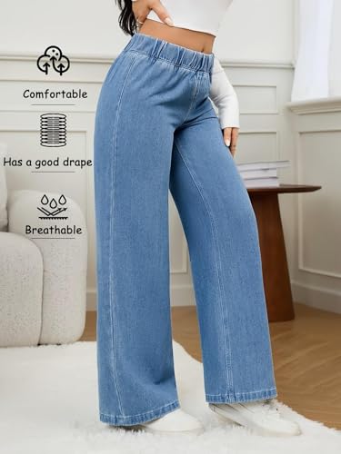 Image of ADBUCKS Women's Stretch Denim Wide Leg Jeans Comfort Fit with Elastic Waistband, Straight Cut, Casual Style for All Seasons, Versatile Clothing