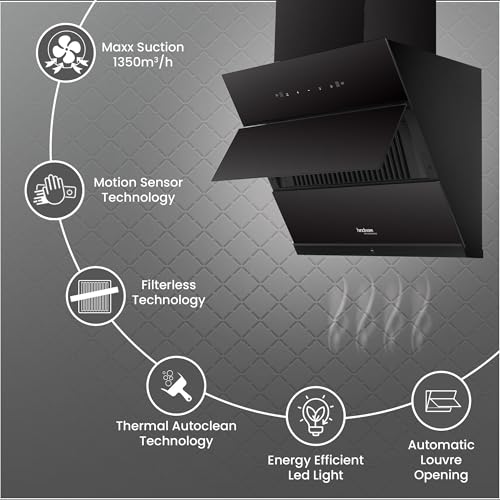 Image of Hindware Smart Appliances | Greta Neo 60 cm Chimney | 1350 CMH | Inclined Glass | Thermal Auto Clean | Filterless | Touch control, Motion sensor | 10 Yrs Warranty on Motor & 2 Yrs on Product (Black)