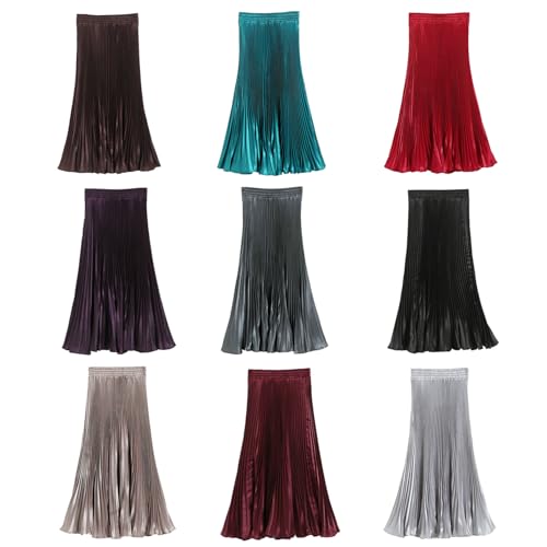 Women’s Metallic Shiny Pleated Maxi Skirt Elastic High Waist A-Line Skirt Accordion Long Swing Skirt3