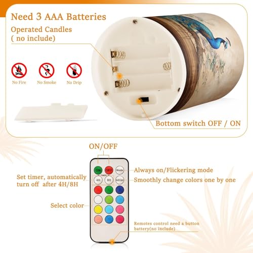 Image of Flickering Flameless Candles, Vintage Peacock LED Candles with Remote Timer, Set of 2 Battery Operated Candle for Valentine Wedding Birthday