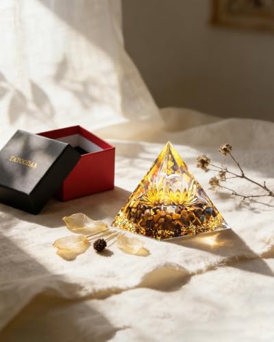 Image of Orgone Pyramid with Healing Crystals - (Flower of Life) - Energy Generator for Positive Vibe, Stress Relief & Chakra Reiki Meditation - Spiritual Gift for Success, Wealth & Prosperity (Golden)