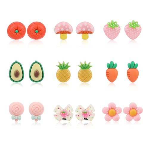 9 Pairs Kids Clip On Earrings for Little Girls, Vegetable Fruit Flower Toddler Earrings with Ear Pads for Teen Jewelry Gift