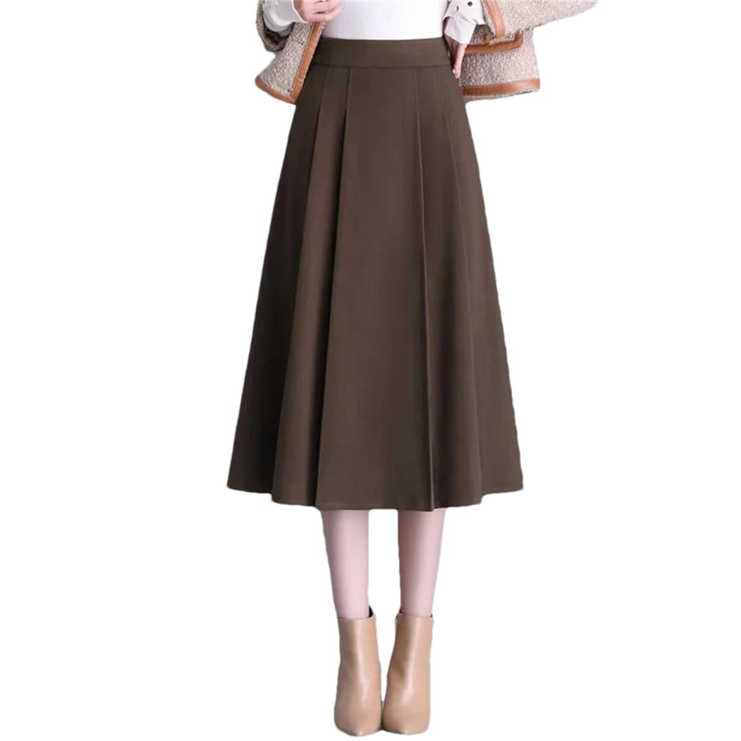 Womens Winter Solid Color Woolen A- Line Midi High Waist Slimming Pleated Skirt