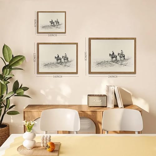 Image of Framed Western Wall Art, Cowboys on Horses Sketch Picture Print, Western Wall Decor, Vintage Country Farmhouse Western Cowboys Canvas for Living Room Bedroom Home 8x10 inch