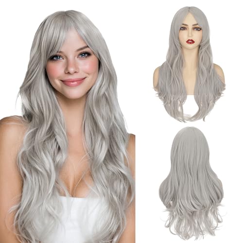 MY-LADY Silver Grey Wig with Side Side Bangs Long Wavy Cosplay Wig for Women Natural Hair 24 Inch Synthetic Hair for Girls Daily Party Halloween