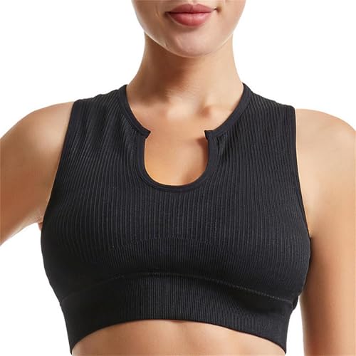 Getheyshape Crop Top, Camiseta deportiva sin costuras con cuello en U, sexy, sin mangas, cómoda y ligera, camiseta de compresión para mujer, Negro , L