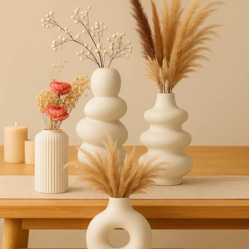 Image of SPHINX Pack of 4 Modern Ceramic Vases for Home Decor | Donut, Wavy, Gourd & Ribbed Design | Pampas Grass & Dried Flower Vases for Living Room, Table, Shelf Styling - White - NO Flowers