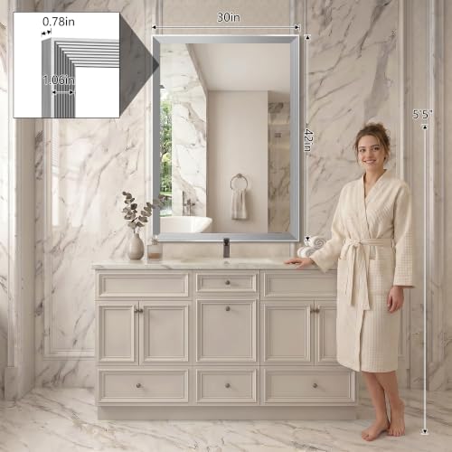Image of DESBING 30 inchx42 inch Silver Bathroom Mirrors for Over Sink | Tempered Glass, Metal Frame, Rectangle Vanity Wall Mirror for Bathroom, Living Room, Bedroom, Horizontally or Vertically