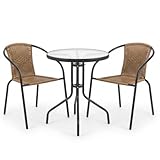 LOLAhome Conjunto Jardín Exterior Mesa y 2 Sillas | Mesa Cristal Templado Ø60cm| 2 Sillones Ratan Natural, apilables | Pintura Epoxi Anticorrosión, Resistente y Duradero | Balcón, Terraza | Trivia