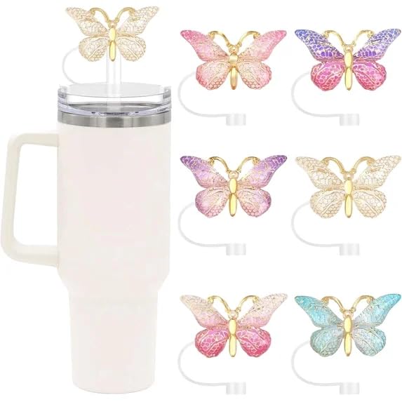 6PCS Cute Butterfly Straw Cover Cap for Stanley Cup Accessories,Bling Straw Toppers for Stanley Tumbler 40&30 oz,Reusable Straws Tips Protectors Compatible with 10mm Straws