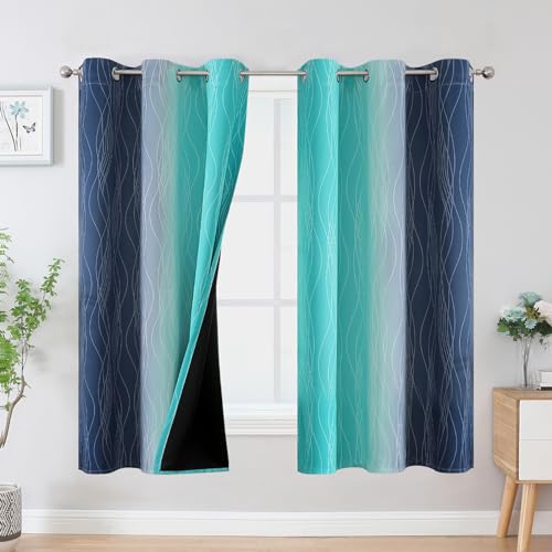 Estelar Textiler Teal and Navy Blue Blackout Curtains for Boys Bedroom, Full Room Darkening Grommet Ombre Curtains for Living Room, Thermal Insulated Light Blocking Gradient Drapes, 42Wx63L, 2 Panels