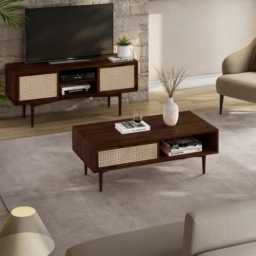 Image of MISAN Solid Sheesham Wood Coffee Table - Elegant Center Table with Two Spacious Drawers | Sturdy & Stylish Wooden Furniture for Home & Living Room (B - Walnut)