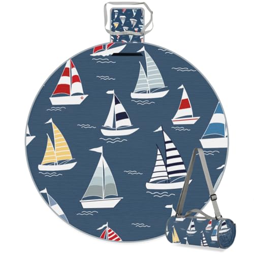 Colorful Sailboats Picnic Outdoor Blanket Foldable Waterproof Sandproof Beach Blanket Portable Water-Resistant Round Picnic Mat for Travel Camping Park Lawn