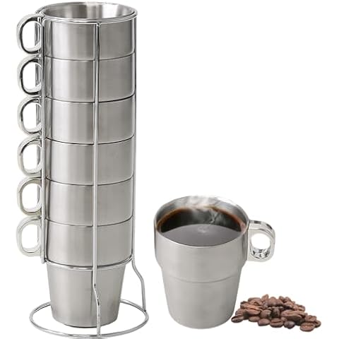 Japard Metal Coffee Mugs Stainless Steel, Stackable with Stand Rack Set of 6 for Hot Cold Drink,10oz, Double Wall Insulated, Outdoor Break Proof Cover