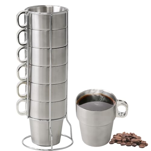Japard Metal Coffee Mugs Stainless Steel, 10oz, Stackable with Stand Rack Set of 6 for Hot Cold Drink, Double Wall Insulated, Outdoor Break Proof