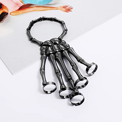 SIQITECHNO Skeleton Hand Bracelet with Ring Halloween Skull Bracelet Claw Bangle Alloy Skull Wristband Cosplay Party 1PC4