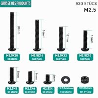 930 Stk M2.5 Schrauben Set,Zylinderschrauben Muttern Sets,Zylinderkopfschrauben Sechskantschrauben Set und Unterlegscheiben,Schwarz Innensechskant Schrauben mit Muttern,Maschinenschrauben (930, M2.5) – Ansicht 2
