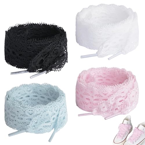 Pluvyze 4 pares de cordones de encaje, cordones planos huecos de flores de encaje, 120 cm, adecuados para estilo de ballet DIY, accesorios para niñas dulces (blanco/negro/rosa/azul)
