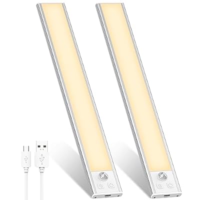 2 Pack Under Cabinet Lights, 52 LED Warm White Rechargeable Under Cabinet Lighting Motion Sensor LED Lights for Kitchen, Counter, Closet, Stairs (Silver - Warm White Light, 12.2 Inch - 2 Pack)
