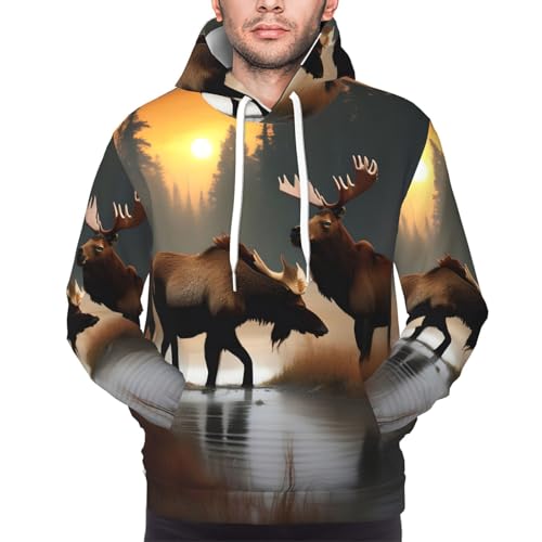 Pull à capuche homme motif élan et ours imprimé à cordon serrage - 3