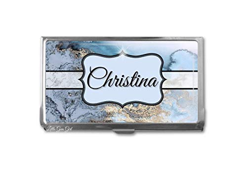 Amazon Com Custom Business Card Holder Personalized With Your Name Initials Or Monogram Stainless Steel Metal With Black Lining Light Aqua Grey Blue And Gold Marble Design Or 36 Other Designs Handmade