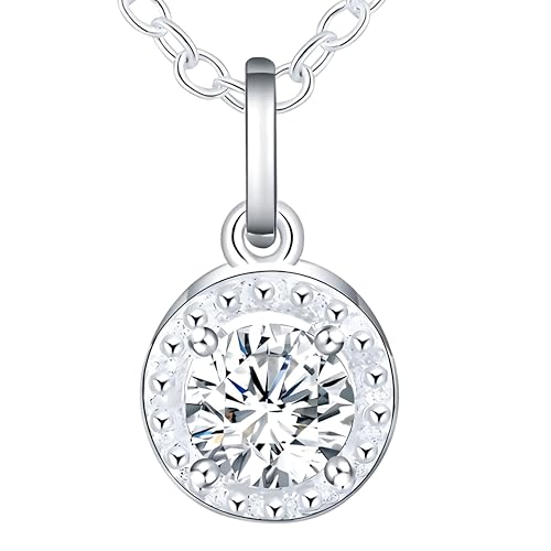 Image of Unified Jewellery 925 Sterling Silver Round Brilliant Cut Cubic Zirconia CZ Halo Pendant Necklace for Women, Elegant Solitaire Style, Sparkling Anniversary Birthday Gift for Her 660