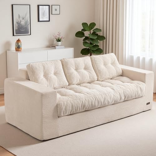 Image of MAXYOYO Loveseat Sofa Couch, Upholstered Bean Bag Chair Cloud Seat for Adults, Boneless Couch with Cushion & Pillows, Sofa in A Box, No Assembly Required, Corded Beige, 3-Seat