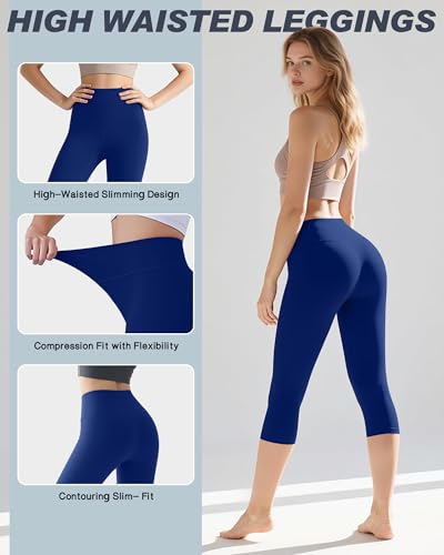 Coume 5 Pack Capri Leggings for Women High Waisted Tummy Flat Workout Leggings Stretch Athletic Yoga Pants Running Cycling(Capri,Black/Navy Blue/Light Grey/Blue/Purple,S) — view 4