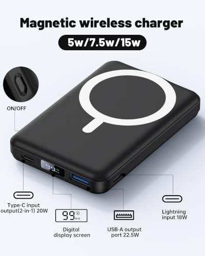 Ellewpoo for MagSafe Power Bank 10000mAh, Magnetic Portable Charger 20W PD Fast Charging, Wireless External Battery Pack with Foldable Stand & LED Display, for iPhone 17/16/15/14/13/12 Series, Black - Image 3