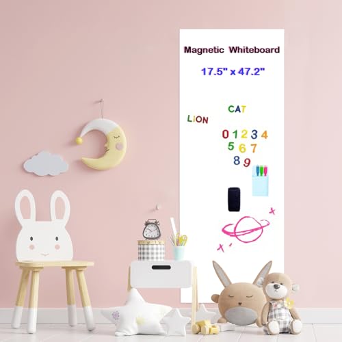 EVBEA Papel de contacto magnético para pizarra blanca para pared (17.5 x 47.2 pulgadas), hoja autoadhesiva con letras magnéticas y números, 5 marcadores de tiza, perfectos para aprender, dibujar