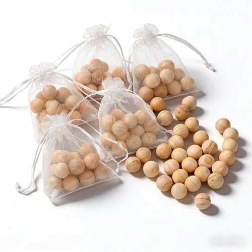 100 bolas de madera de cedro para matar polillas por paquete, adecuadas para armarios, muebles, coches y caravanas. Hechas de madera natural, un producto sostenible, repelen las polillas, desprenden
