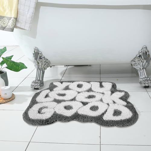 Image of TOIVO You Look Good Bath Mat - Stylish Funny Pink Bathroom Rug with Cute Words, Absorbent & Non-Slip - 25x21 inch (Grey)