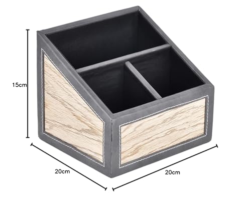 Image of Premsons Remote Holder - 3 Section Tabletop Organizer in Light Brown | Faux Leather with Refined Wooden Finish | Decorative & Practical Organizer - Grey