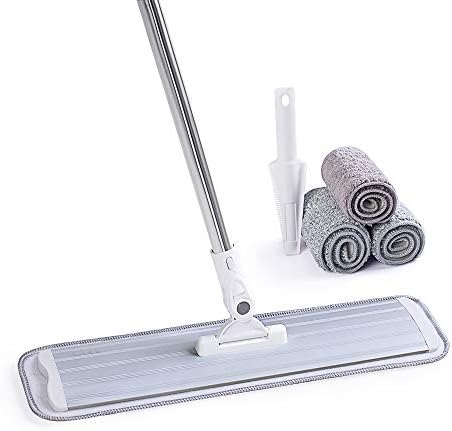 CQT Commercial Flat Microfiber Floor Mop Cleaning System 18" Inch Wet Dry and Dust Hardwood with 4 Washable Pads Cleaner for Laminate Tile Stainless Steel Handle and Extension (PT12-WET)