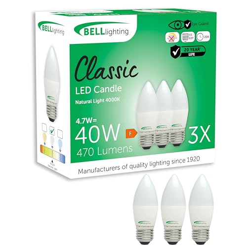 BELL Lighting E27 Screw Bulb LED Candle 3 Pack | ES E27 Screw Light Bulb | Natural White 4000K | 470lm 4.7W | Energy Saving Bulb Warm White Equivalent | 40W Replacement | Non-Dimmable