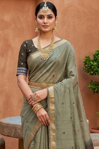 Image of SGF11 Women's Soft Cotton Linen Silk Saree With Unstitched Blouse Piece