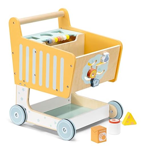 Navaris Carrito Bebe Juguetes - Carrito Compra Juguetes de Madera - Carro de la Compra Juguete con Piezas y Bloques de Actividades - Carro +12 Meses