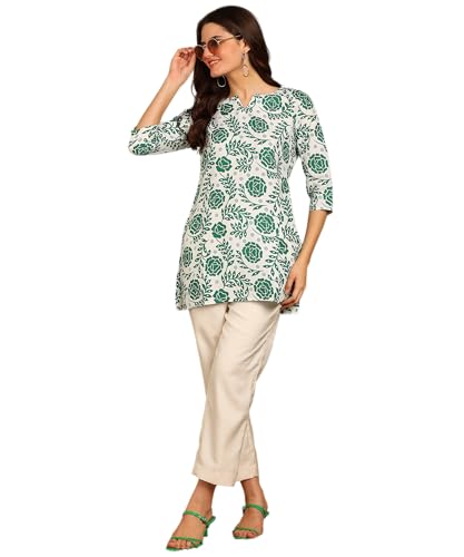 Image of DSK Studio Women's Cotton Short Kurti with Notch Neck Line 3 /4th Sleeves Floral Pattern Short Length and Regular Fit