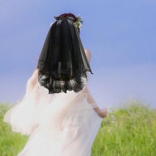 Black Lace Veil for Wedding and Engagement Celebrations with Comb, 60-80cm/23.62-31.50inch Bridal Headpiece for Formal Dresses and Photography- With Clip Bow Decor2