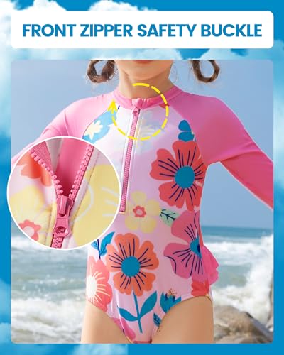 Angel season Girls Long Sleeve Swimsuit with Front Zipper and One Piece Rash Guard Bathing Suit Bundle4