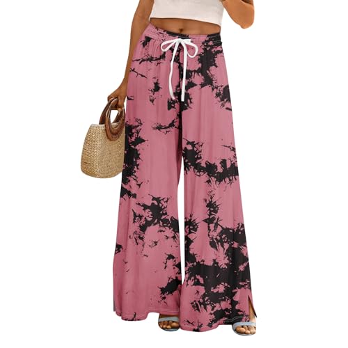 Image of Womens Wide Leg Flowy Pants Elasticated Waist Tie-Dye Print Palazzo Flowy Trousers with Split Hem Loose Fit Quick Dry Travel Casual Summer Beach Baggy Trousers for Women UK Ladies Casual Pants
