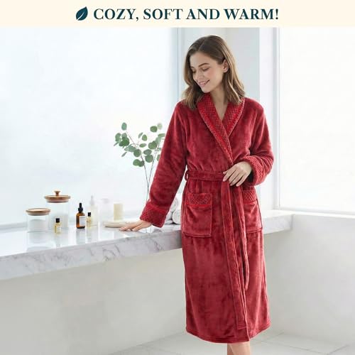 Image of PAVILIA Women's Plush Fleece Robe, Soft Cozy Long Bathrobe with Satin Waffle Trim, Warm Lightweight, Pockets & Tie Belt