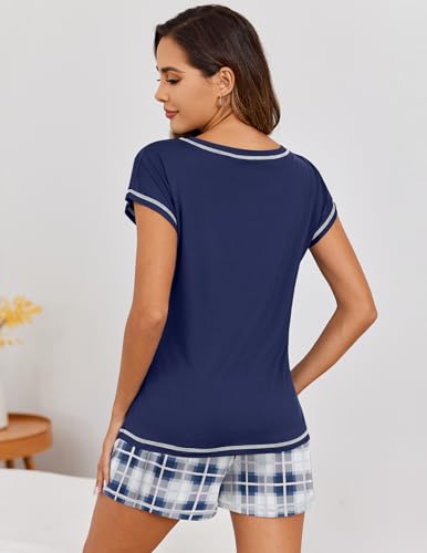 Image of Ekouaer Womens Pajama Sets 2 Piece Soft Short Sleeve Top and Shorts Sleepwear Round Neck Pjs Lounge Set with Pockets