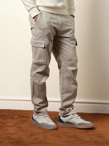Image of Vogaan Men Solid Relaxed Fit Cotton Blend Cargo Trousers with Utility Pocket