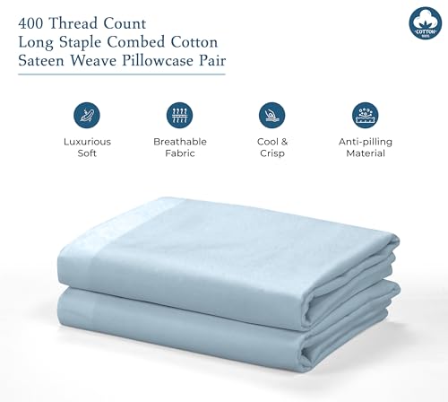 Image of Royale Linens 400 Thread Count 100% American Grown Cotton Queen Pillowcase Set - Luxury Sateen Queen Pillow case - 20 inchx30 inch Inch - Soft & Smooth Set of 2 Blue Pillowcases - (Queen, Caribbean Blue)