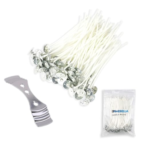TheAmbrella Candle Wicks for Making Candles 50Pcs- 10cm Long Pre-Waxed Wicks with Metal Tabs & 3-Hole Wick Holder - Low Smoke & Longer Burning Time - Perfect for DIY Candles