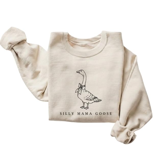 FITIN Silly Mama Goose Sweatshirt Women Funny Mom Crewneck Pullover Cute Animal Graphic Sweater Gift for Mom Mothers Day Sand