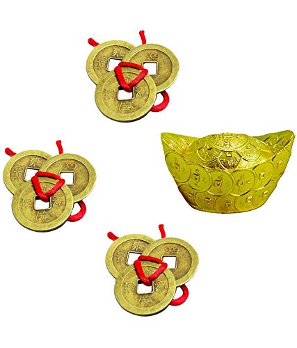 Arina Creation Combo of Feng Shui Lucky Three Chinese Coins Tied in Red Ribbon for Wealth, Money & Good Luck with Feng Shui Golden Ingot Showpiece to Enhance Your Fortune Luck and Wealth